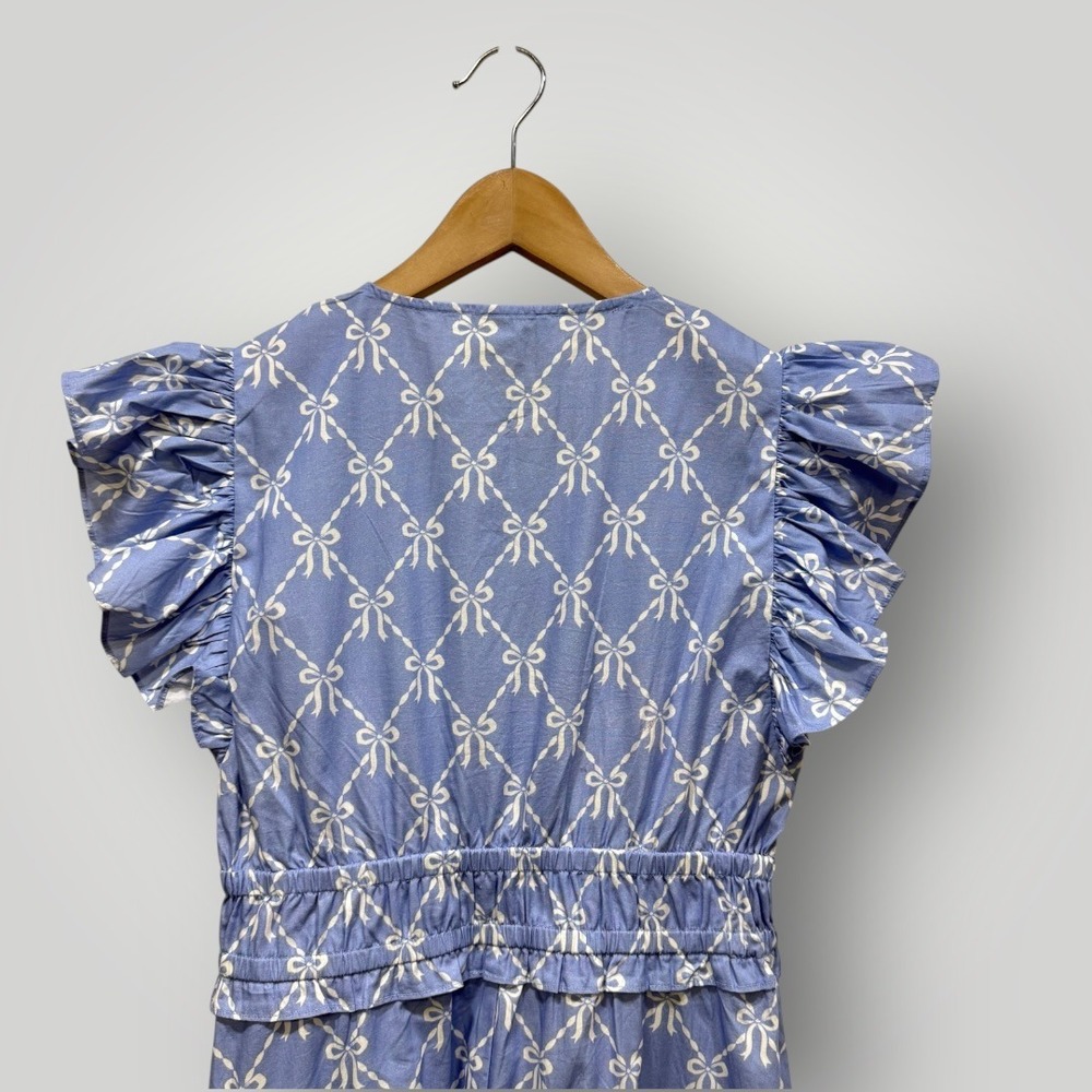 Sail to Sable Hydrangea Bow Print Flutter Sleeve V Neck Maxi Dress Blue SP25T5 S - Picture 7 of 9